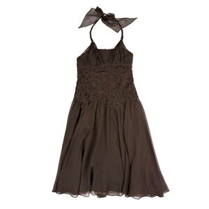 BCBG MaxAzria Brown Halter Dress Lace Bodice Silk Chiffon Full Fare Skirt